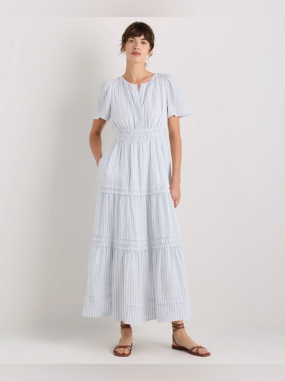 🌿 Quince 100% European Linen Tiered Maxi Dress Sky Blue Stripe